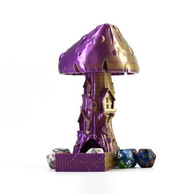 Mushroom Manor Dice Tower in gold and purple color